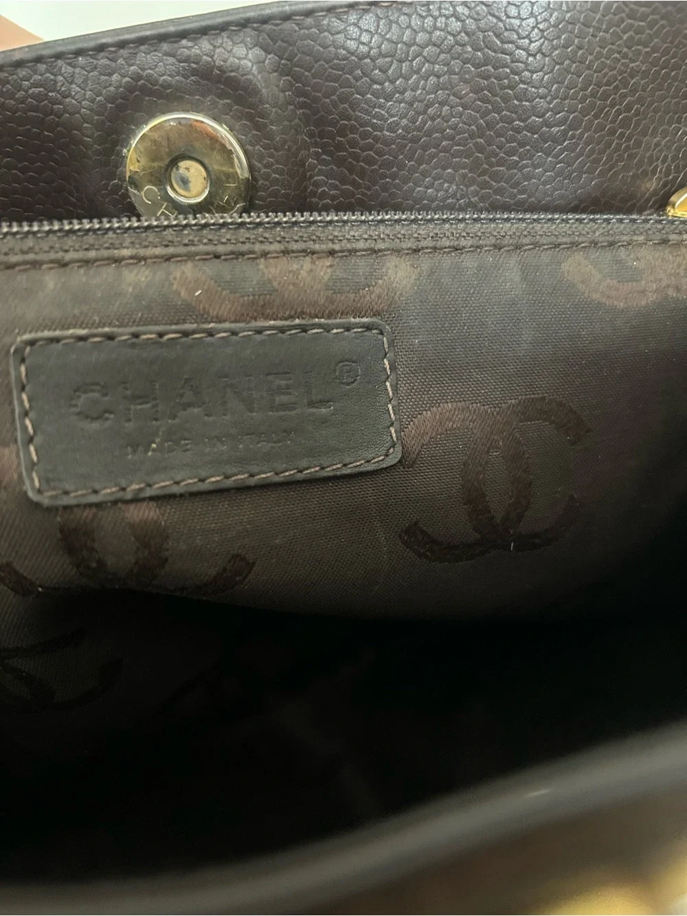 Chanel caviar leather quilted brown small tote handbag